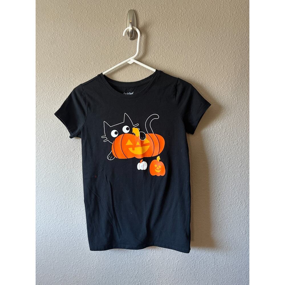 Cat And Jack Girls XL Black Halloween Shirt Cat in Pumpkin Size 14/16